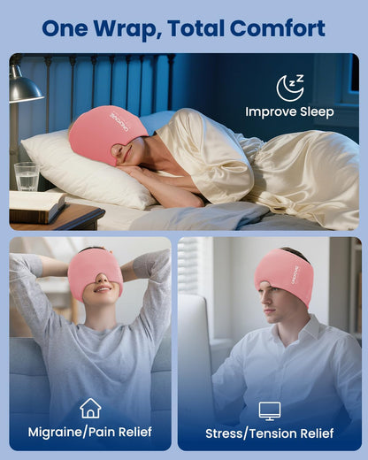 ONLYCARE Migraine Relief Cap, Upgraded Headache Relief Cap with Odorless Reusable Gel Head Wrap, Soothing Face Ice Pack Mask Products with Hot & Cold Therapy for Tension, Stress, Hangover & Puffy Eyes