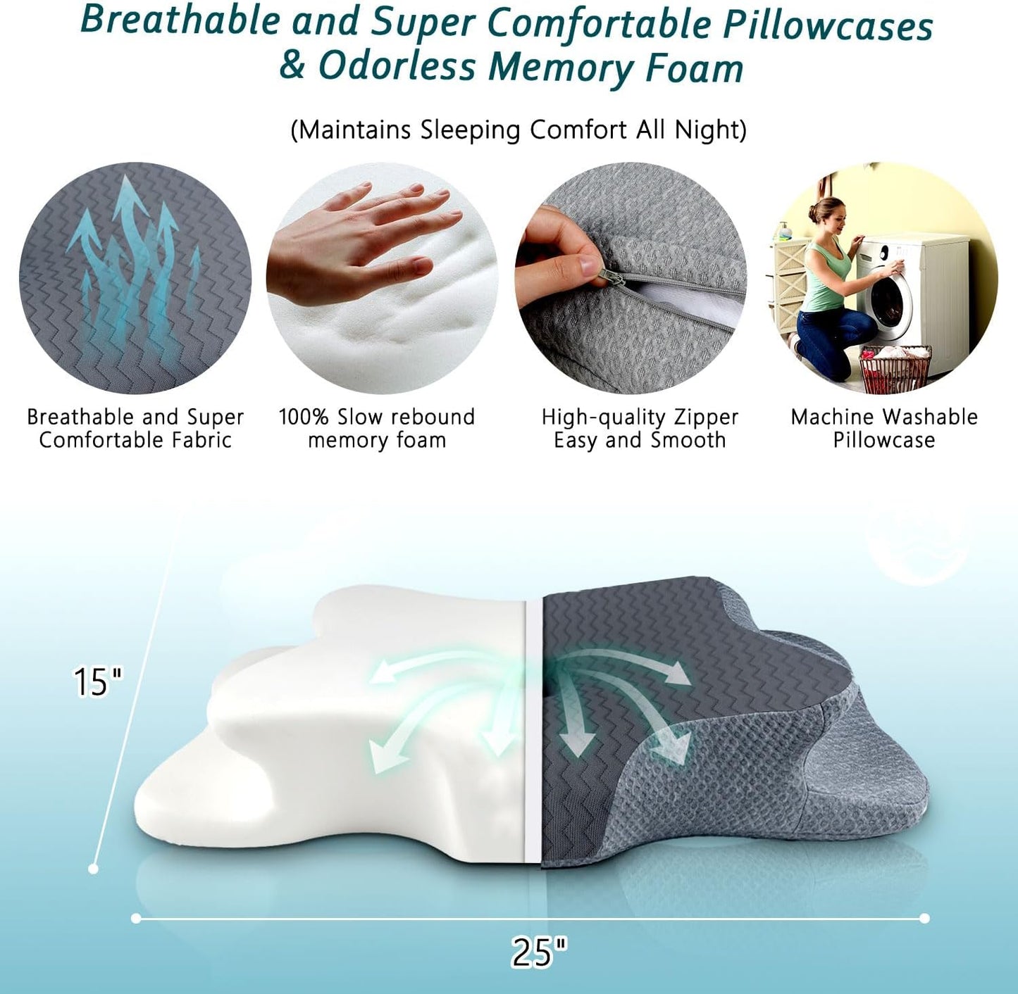 CHxxy Cervical Neck Pillow for Pain Relief Sleeping, Memory Foam Pillows, Ergonomic Side Sleeper Pillows, Cooling Orthopedic Neck Support Pillow for Back Stomach Sleepers-Queen Size Grey&Grey