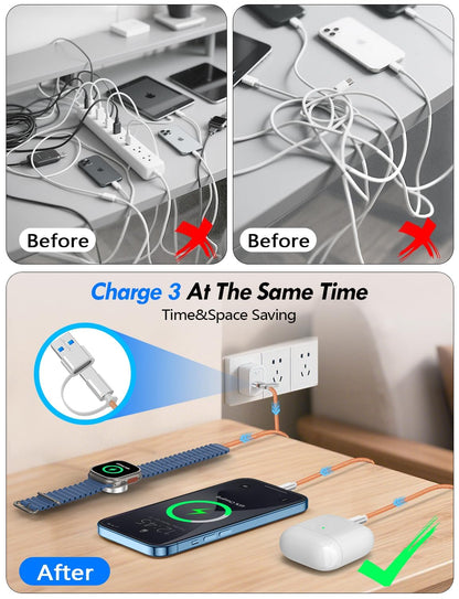 Travel Essentials for Apple Watch Charger,3-in-2 Multi Charging Cable
