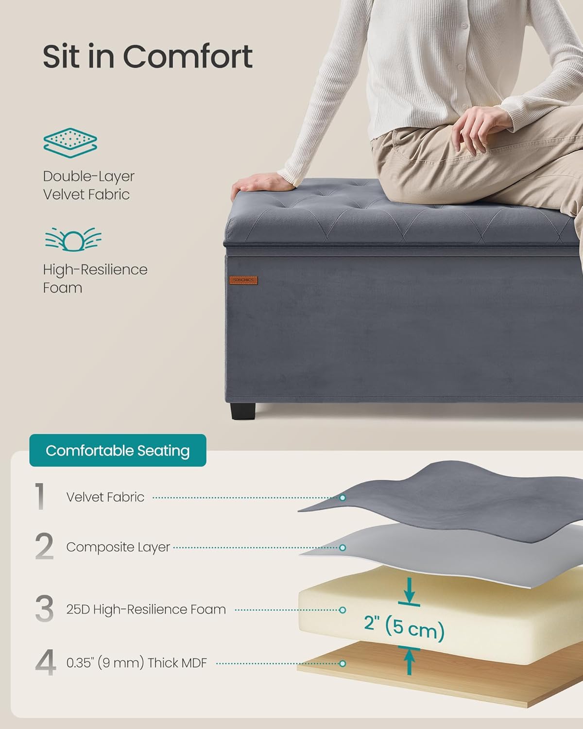 SONGMICS Storage Ottoman Bench, Foot Rest with Legs, 15.7 x 43.3 x 15.7 Inches, End of Bed Bench, Storage Chest, Load up to 660 lb, for Living Room, Bedroom, Entryway, Dark Gray ULSF088G01