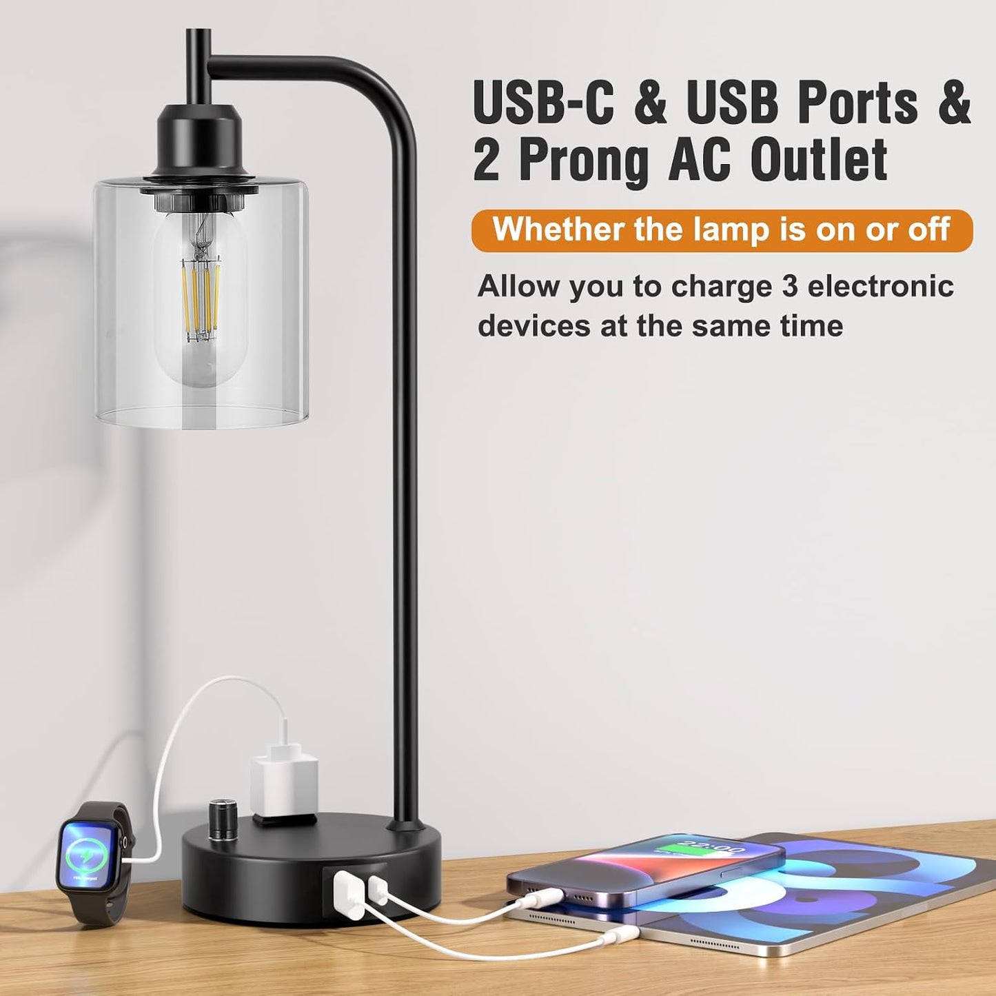 Industrial Table Lamps for Bedrooms Set of 2 - Fully Dimmable Bedside Lamps with USB A and C Ports and Outlet, Black Nightstand Lamps with Glass Shade for Living Room, Desk Lamps for Office Reading