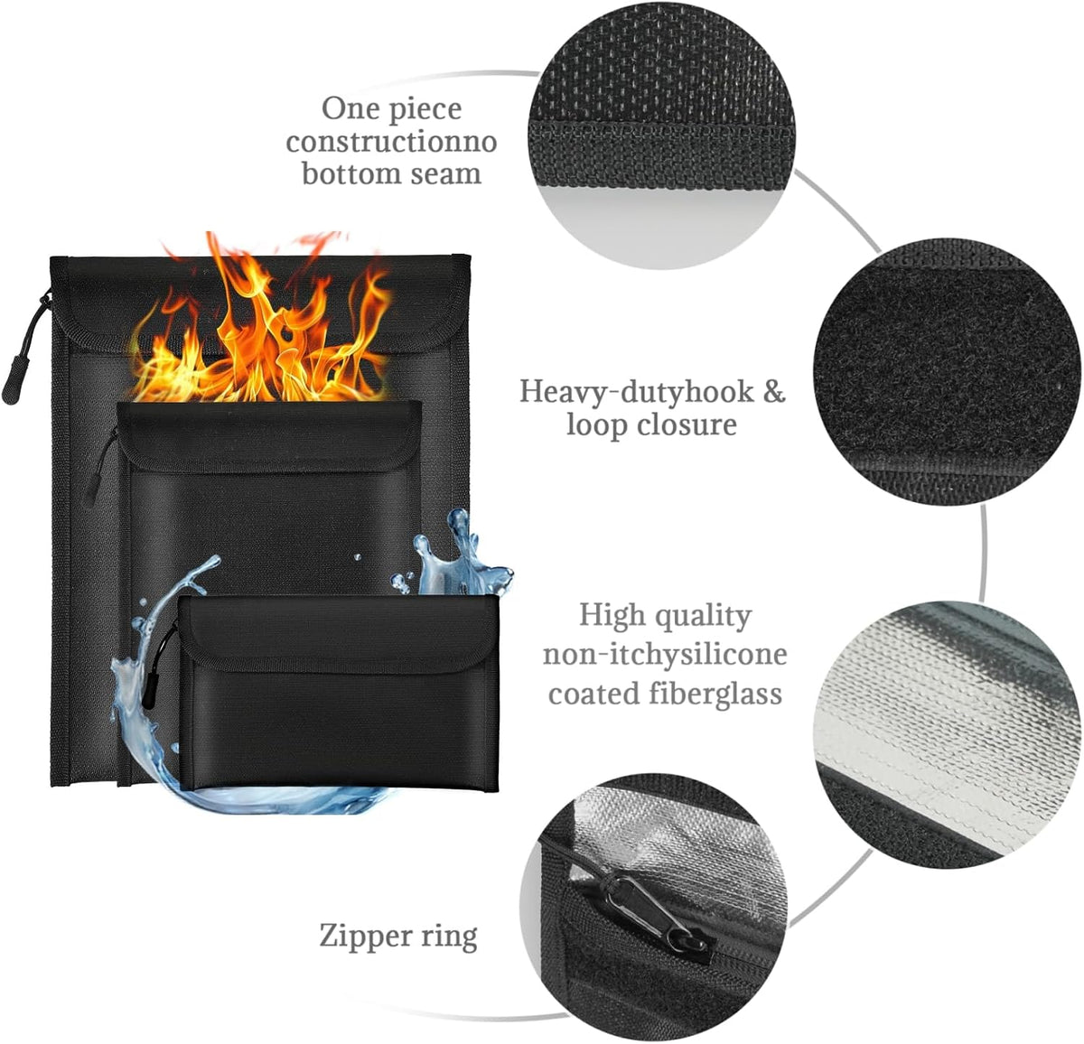 Lihengkong Fireproof Waterproof Document Bag 3-Pack Black 2000℉ Money Bag for Cash Passports ID Cards Social Security Card Protector Waterproof Zipper Pouch Fire Proof Bank Bag Document Holder