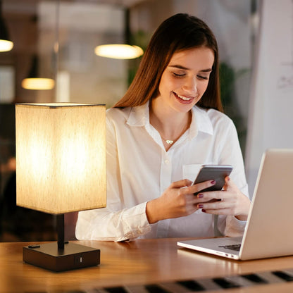 Bedside Table Lamp for Bedroom - Touch Small Lamp with USB C+A Charging Ports & AC Outlets, 3 Way Dimmable Nightstand Light for Living Room (LED Bulb Included, Grey)