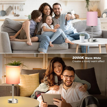 Small Bedside Table lamp for Bedroom - 3 Color Temperatures Bedside Lamps with USB C and A Ports, Pull Chain Table Lamps with AC Outlet, White Nightstand Lamps with Black Metal Base for Kids Reading