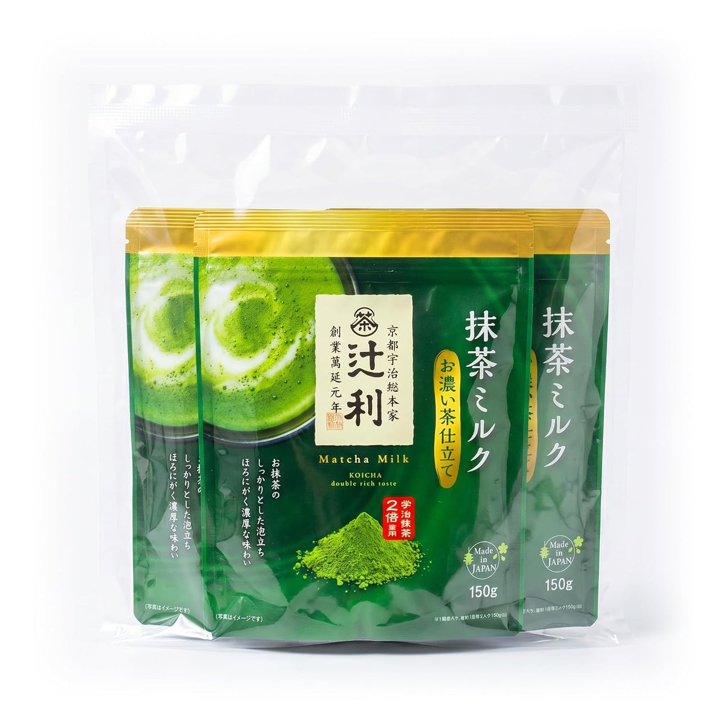 Matcha Milk Uji Double Rich Latte by Tsujiri, 150g Resealable Bag Made in Kyoto Japan