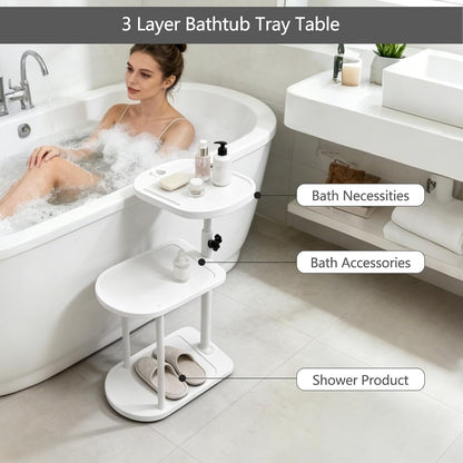 3 Layer Bathtub Tray Table,Bamboo Swivel Bathtub Side Table Height Adjustable,Freestanding Bathtub Tray for Tub Against Wall,Bathtub Accessories&Bathroom Organizer for Luxury Home Spa (Black)