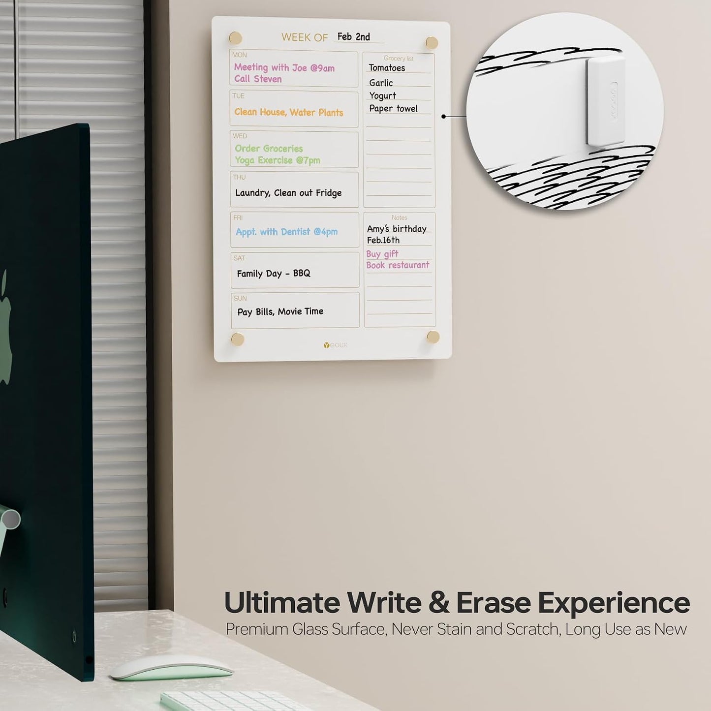 Yeoux Black Glass Golden Weekly & Menu Dry Erase Calendar Board 15“x11
