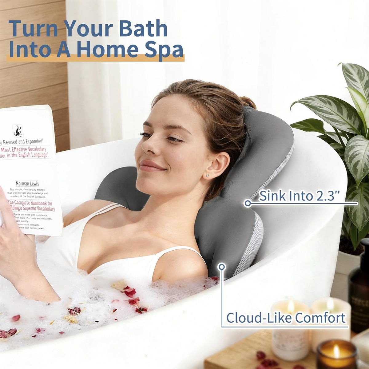 Luxury Bath Cushion, Full Body Bathtub Pillow with 160 Suction Cups, Bath Mat for Head and Neck Support, with Laundry Bag (Blue, 51" x 16")