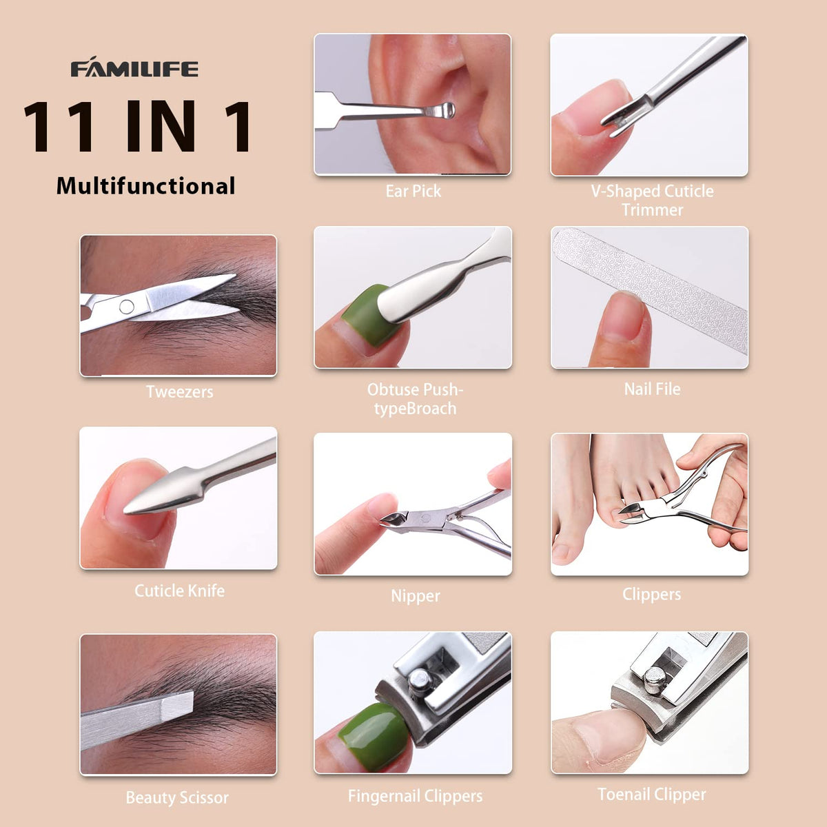 FAMILIFE Stainless Steel Manicure Set 11-in-1 Professional Nail Clipper Kit