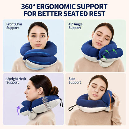 BUYUE Travel Neck Pillows for Airplanes, Memory Foam 360° Head Support Sleep for Long Flight, Skin-Friendly & Breathable, Kit with Eye Mask, Earplugs and Storage Bag (Adult, Grey, 90+ lbs)