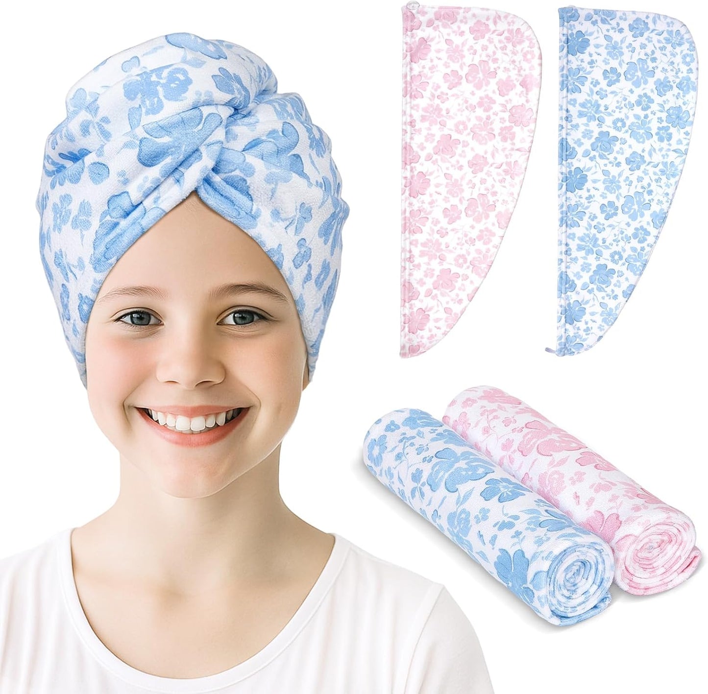 Unicorn Castle Microfiber Hair Towel for Kids 2Pack Hair Wrap Towels Absorbent Hair Drying Towel Wrap Hair Turbans for Curly Thick Hair, Pink White Strawberry