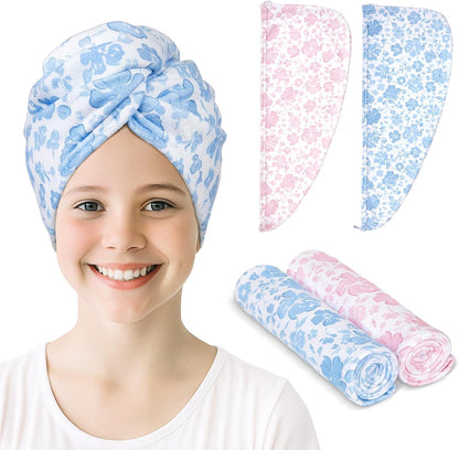 Unicorn Castle Microfiber Hair Towel for Kids 2Pack Hair Wrap Towels Absorbent Hair Drying Towel Wrap Hair Turbans for Curly Thick Hair, Pink White Strawberry