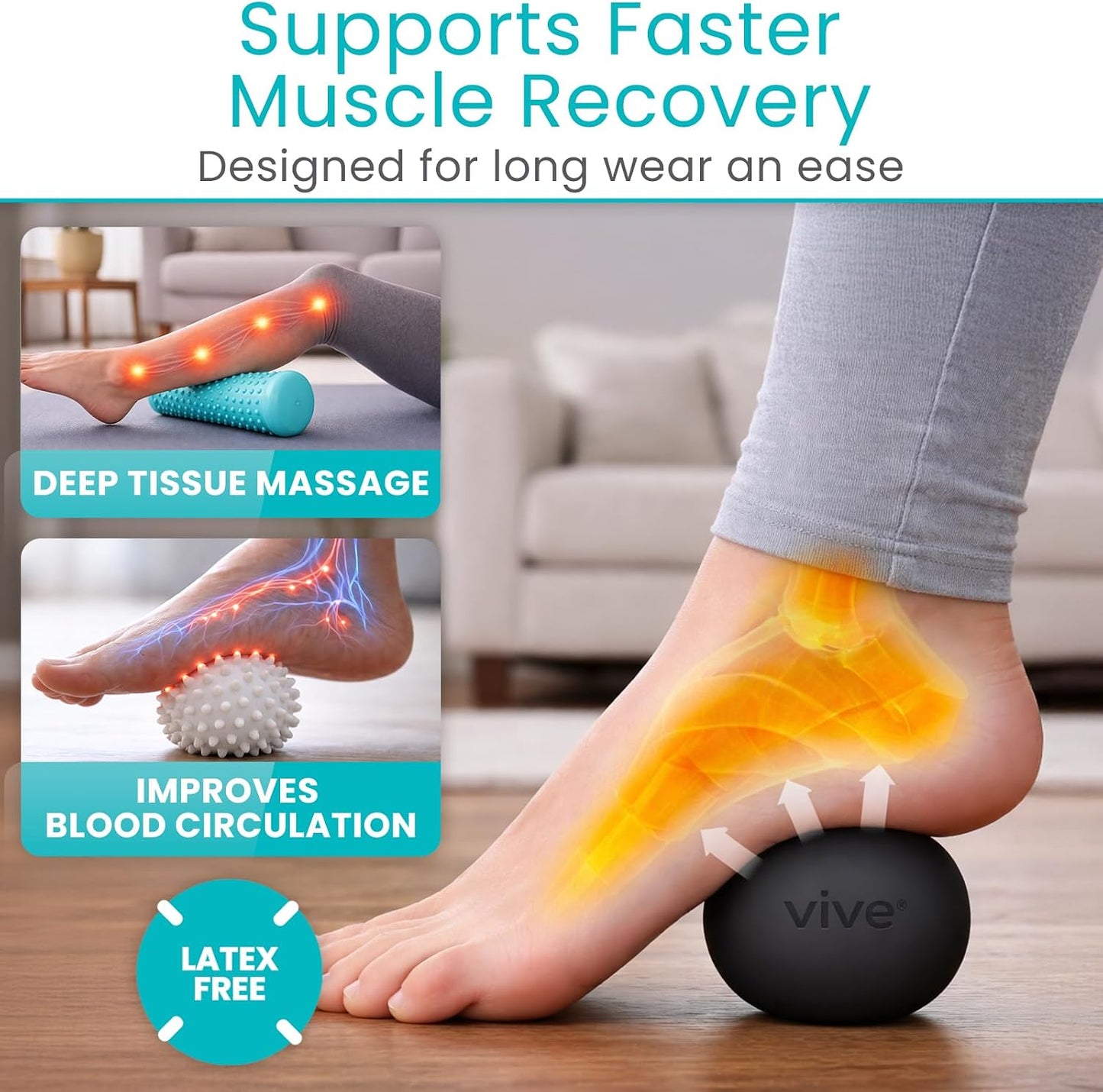 Vive Massage Ball Set (4 Piece) - Plantar Fasciitis Relief Foot Pain Hot Cold Therapy - Heel Spur, Sore Muscle, Trigger Point, Back, Arm, Neck, Shoulder, Leg Circulation Roller