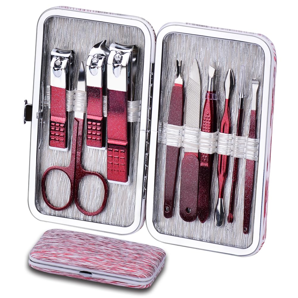 HANTEKAS Manicure Set 10 in 1 Stainless Steel, Nail Clippers Scissors Pedicure Tools Kit - Portable Travel Grooming Kit for Men and Women with Leather Case (Jade Green)