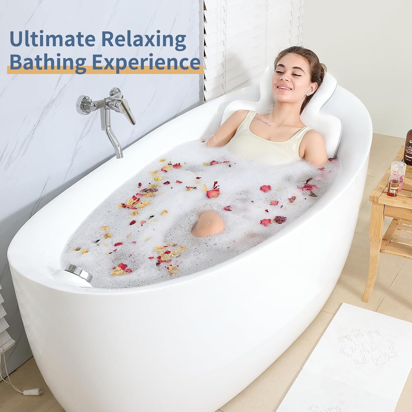 Luxury Bath Cushion, Full Body Bathtub Pillow with 160 Suction Cups, Bath Mat for Head and Neck Support, with Laundry Bag (Blue, 51" x 16")