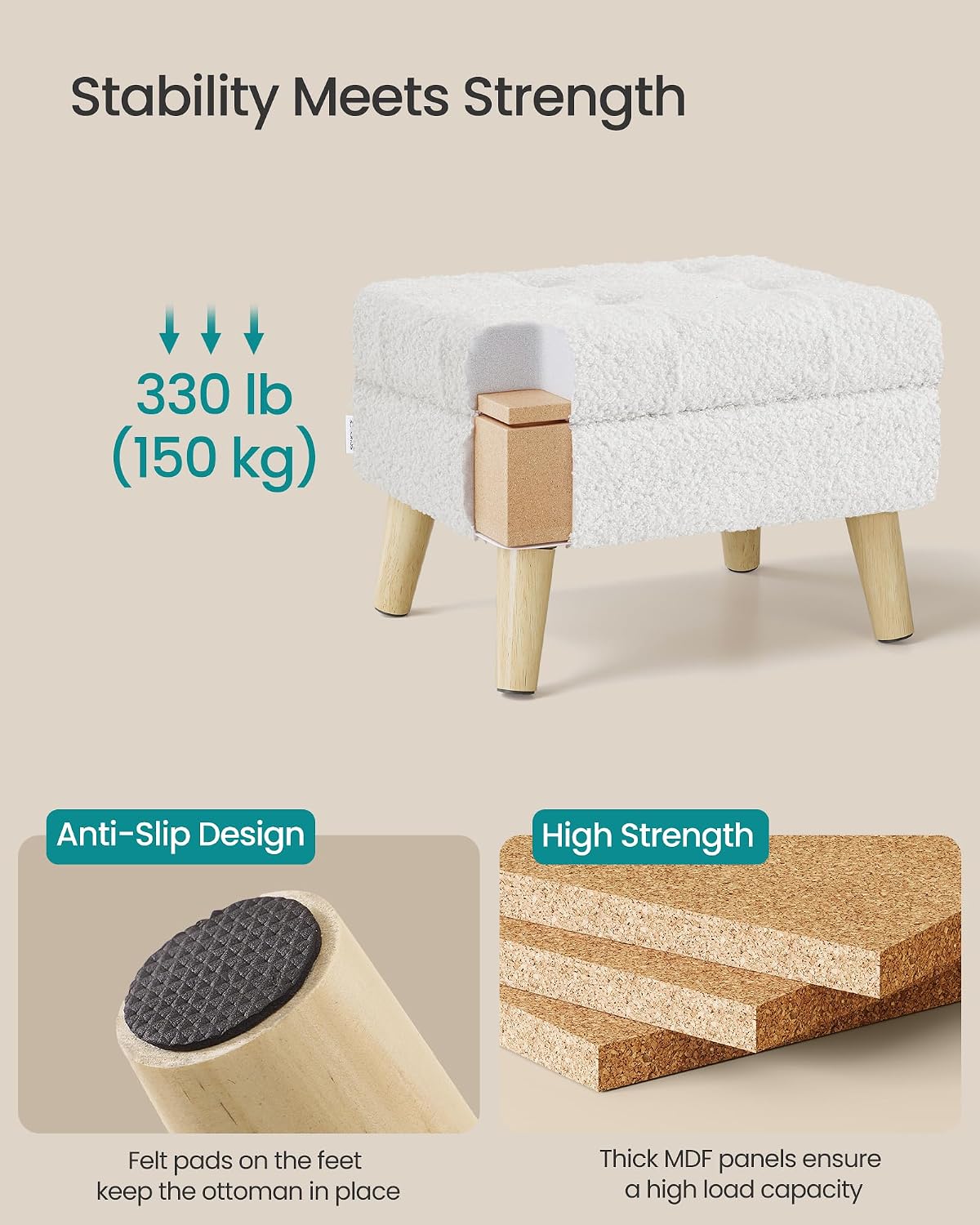 SONGMICS Foot Stool Ottoman, Small Storage Ottoman with Legs, 15.7 Inches