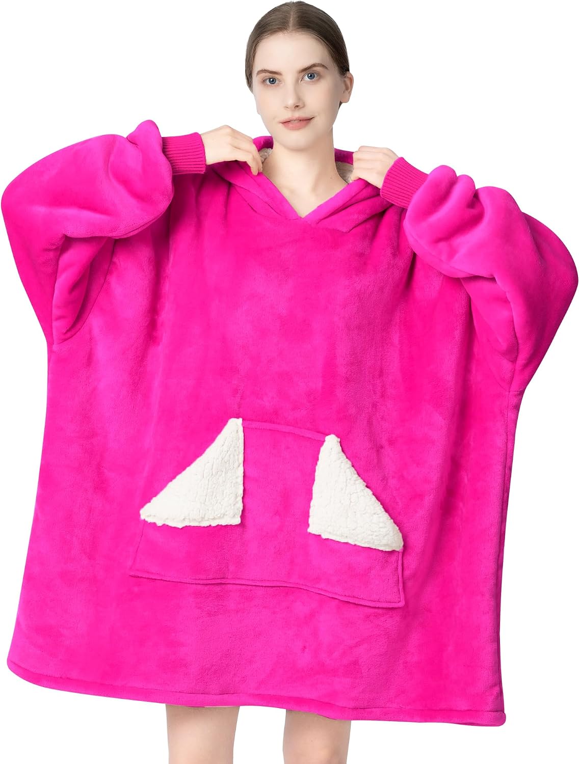 Touchat Wearable Blanket Hoodie, Oversized Sherpa Blanket Sweatshirt with Hood Pocket and Sleeves, Super Soft Warm Plush Hooded Blanket for Adult Women Men, One Size Fits All (Pink)