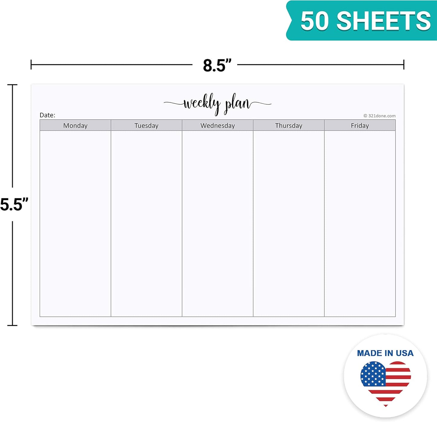 321Done Undated Weekly Planner Notepad, Jumbo 11x17 Desk Pad - 50 Tear-Off Sheets, Weekday Monday-Friday Schedule, Daily Task Planner for Home, Office & Student Use - Made in USA