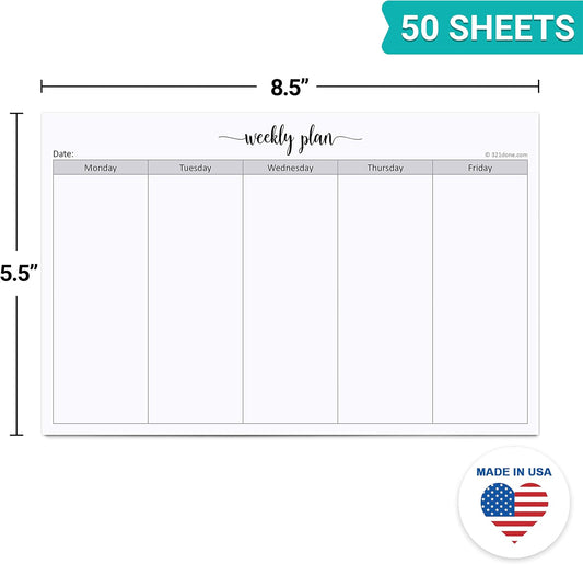 321Done Undated Weekly Planner Notepad, Jumbo 11x17 Desk Pad - 50 Tear-Off Sheets, Weekday Monday-Friday Schedule, Daily Task Planner for Home, Office & Student Use - Made in USA