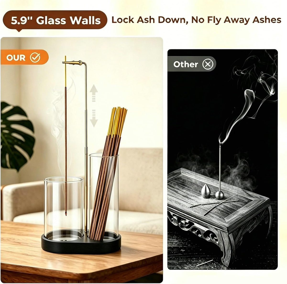 3 in 1 Incense Holder for Sticks Upside Down Anti-Ash Incense Burner with Glass Ash Catcher Backflow Cone Incense Diffuser with Adjustable Threaded Mounting for Mediation Yoga Spa Gifts Home Decor