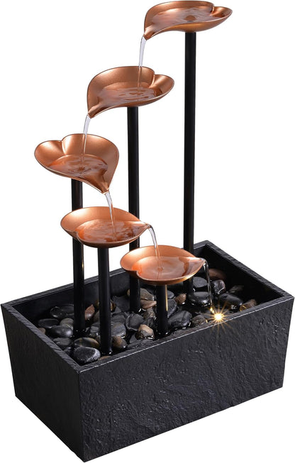 14" Tabletop Water Fountain, Indoor Desktop Fountain with Copper Leaf Design & LED Light, Splash-Free Zen Decor for Home, Office, Meditation, Yoga, Gift