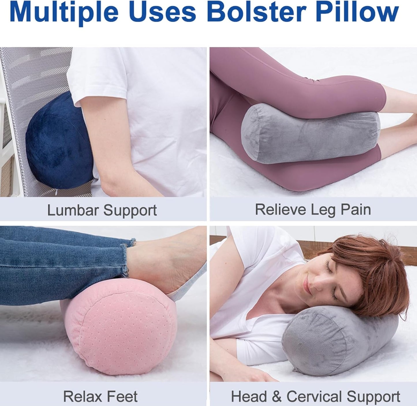 1 MIDDLE ONE Round Cylinder Bolster Pillow with Removable Velvet Cover, Tube Roll Cervical Pillow for Head, Neck, Back and Legs Support, 13"x 6", Blue