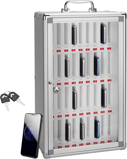 24 Slots Cell Phone Locker,Pocket Chart Cell Phones Storage Cabinet for Cell Phones,Wall-Mounted with a Locked, Lock Box for Phone with Handle for Enterprise & Classroom - Silver