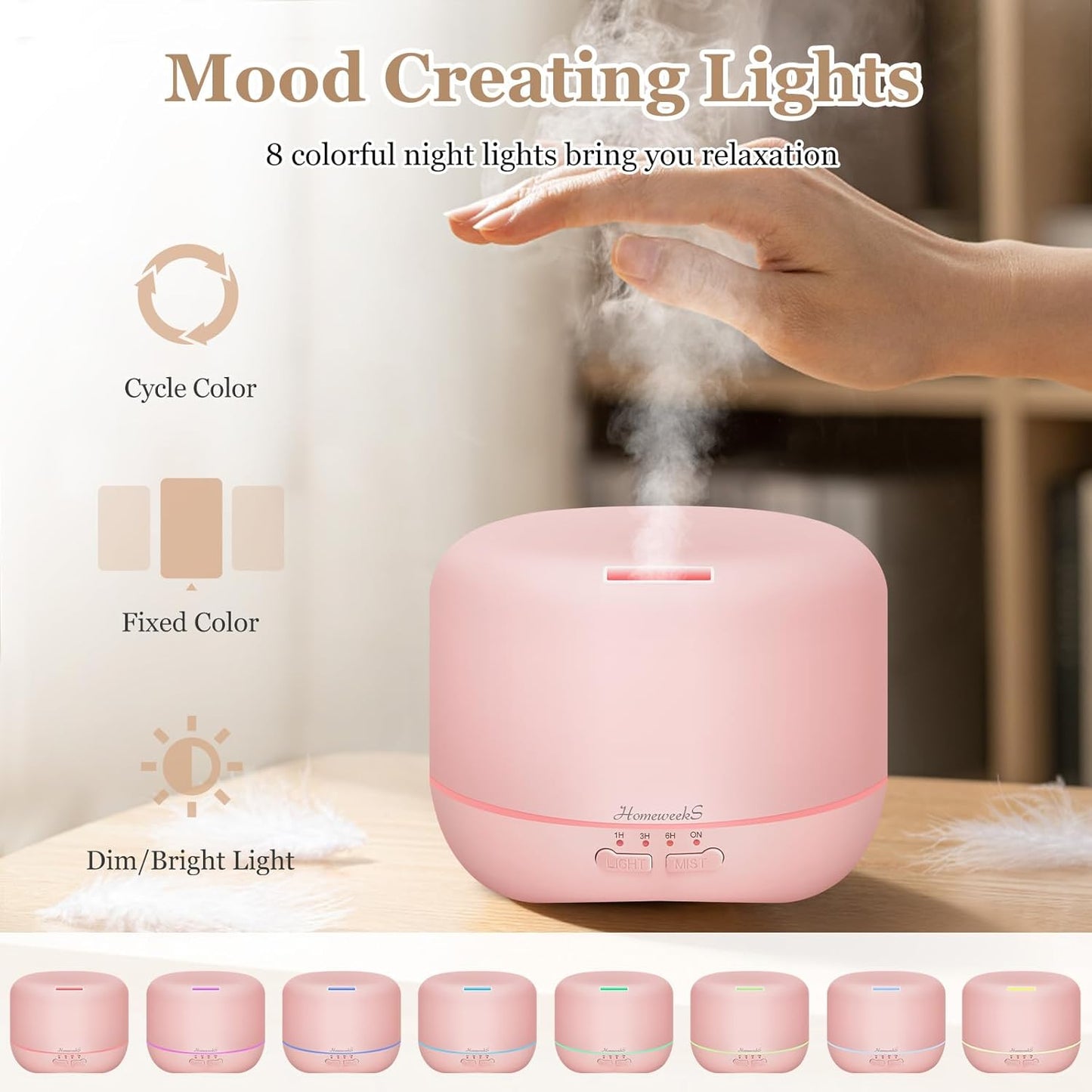 Homeweeks 300ml Essential Oil Diffuser, Quiet Aromatherapy Mist Diffusers for Essential Oils, Wood Grain, Ultrasonic, Remote Control, Timer, 7 Colors Light for Bedroom (300ml)