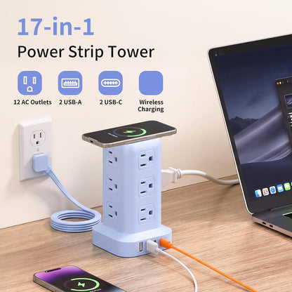Extension Cord with Multiple Outlets, SMALLRT Power Strip Tower, Outlet Extender with 12 AC Outlets 4 USB, 6.5FT Extension Cord for Home Dorm Room, Office Supplies,Overload Protection