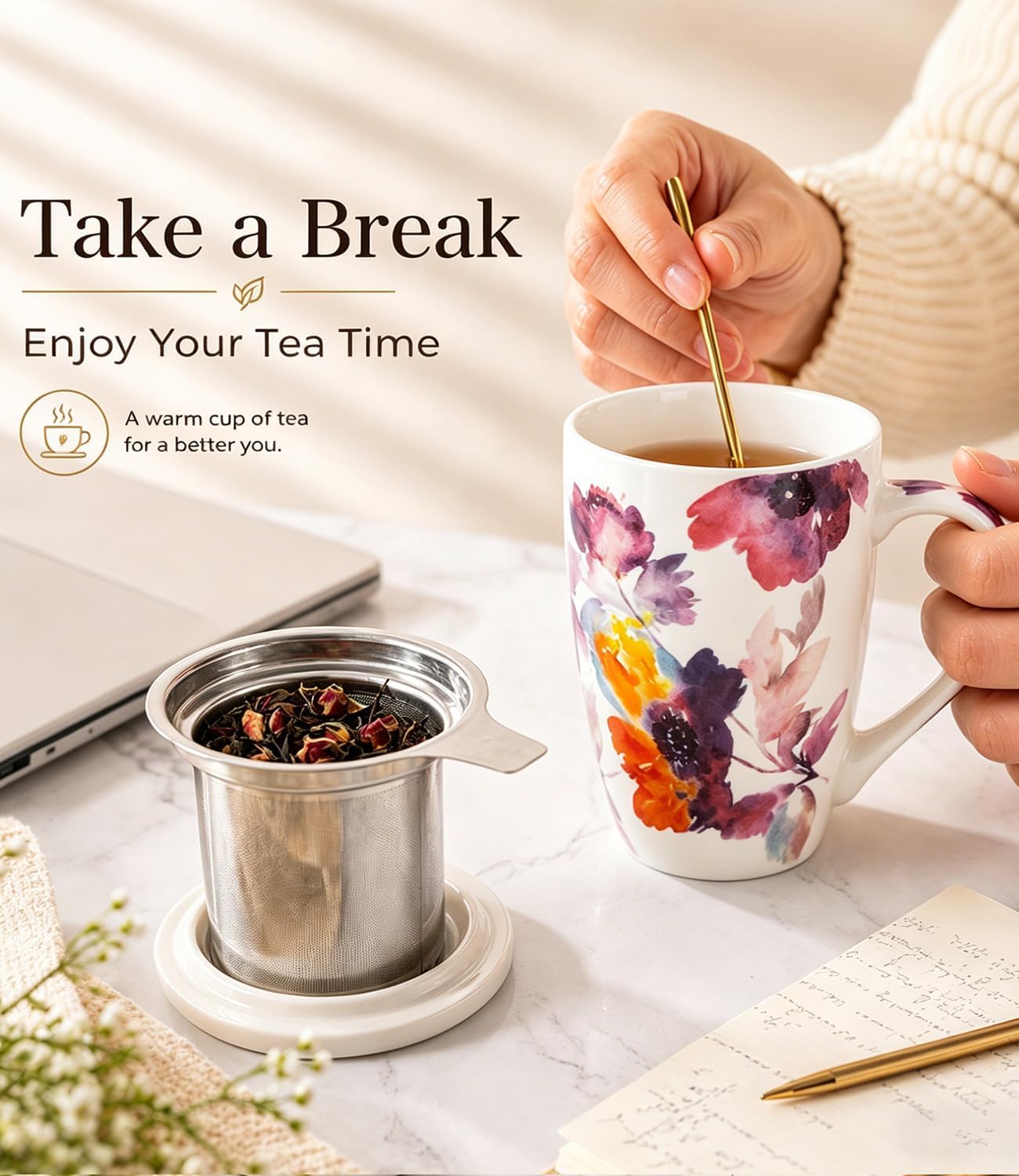 AmorArc 18oz Porcelain Tea Mug with Infuser & Lid, Loose Leaf Tea Cup with Stainless Steel Strainer, Large Coffee Mug Gift for Women, Tea Lovers, Home & Office