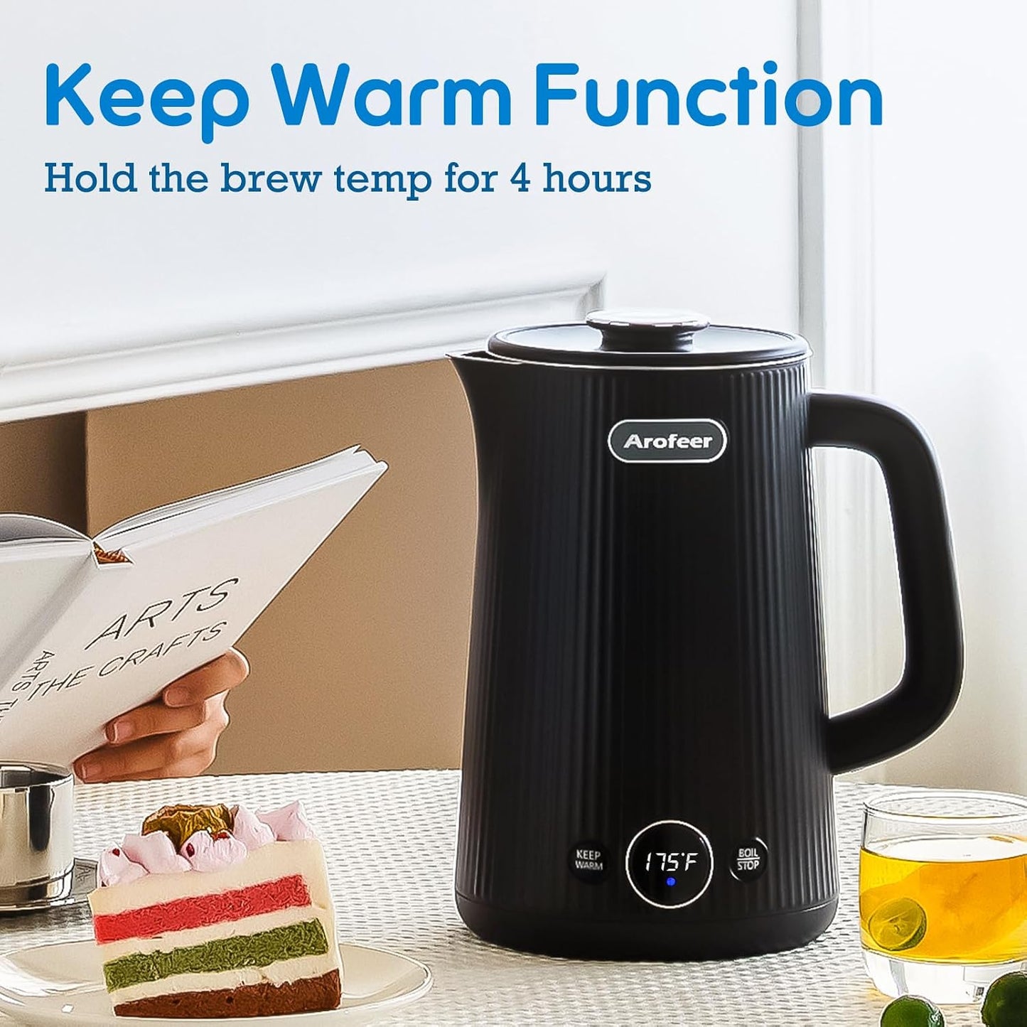 Arofeer® Electric Kettle Temperature Control, 1.7L Stainless Steel Electric Tea Kettle with LED Display, 5 Presets, 4-Hour Keep Warm, Fast Boil Hot Water Kettle for Tea, Coffee & Oatmeal, Black