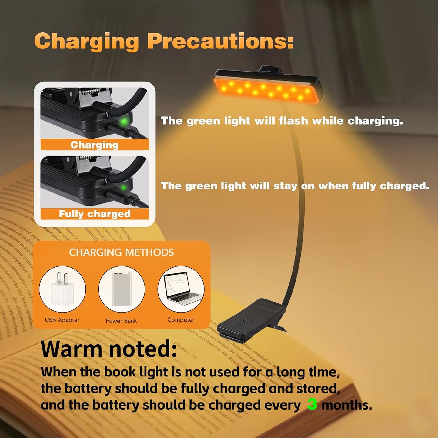 VAVOFO 24 LEDs Rotatable Book Light, Rechargeable Clip Reading Lamp