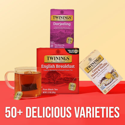 Twinings Darjeeling Black Tea Individually Wrapped Bags, 20 Count (Pack of 1), Delicate Light Taste, Caffeinated, Enjoy Hot or Iced, 20 Teabags