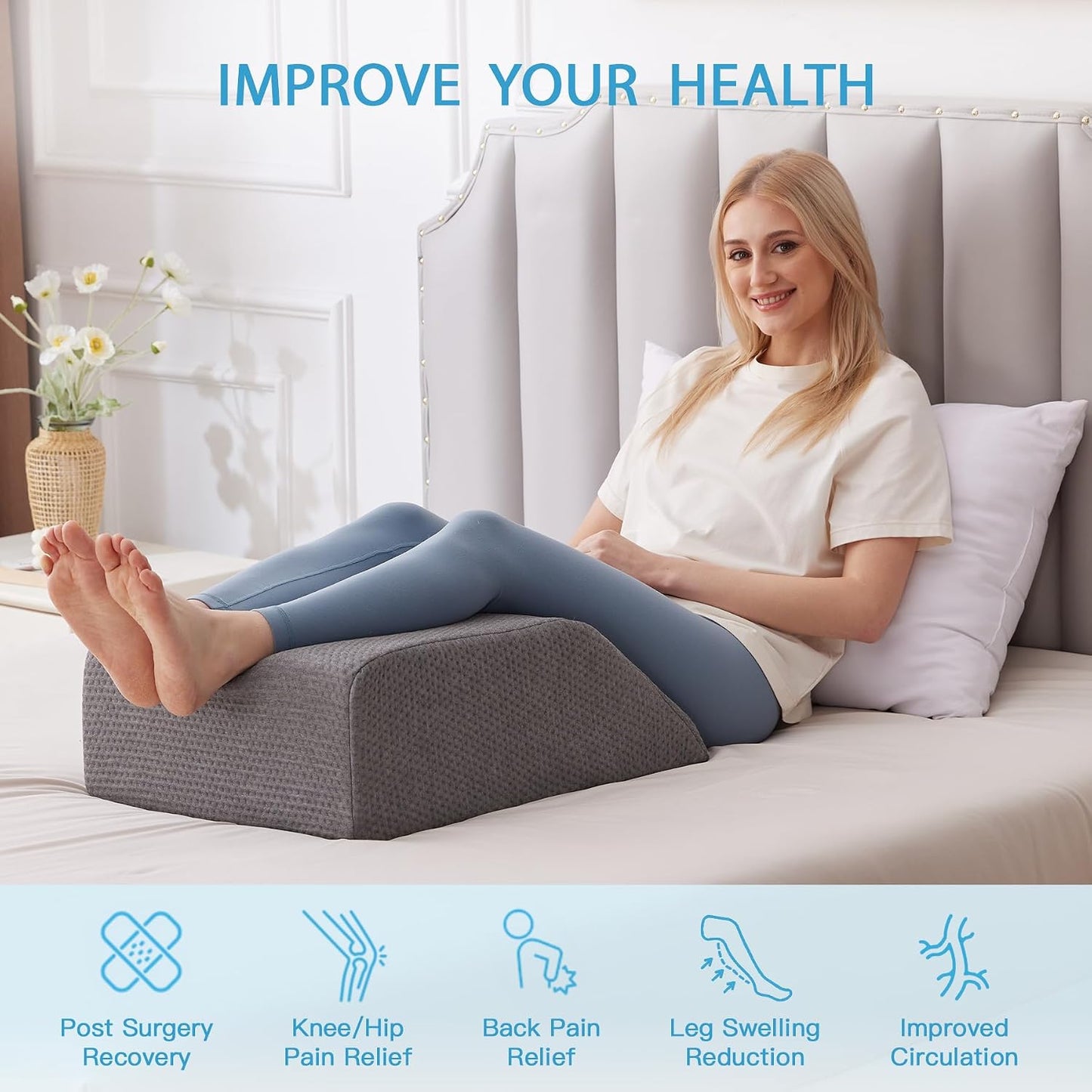 MEGCXIT Leg Pillow Elevation Blood Circulation, Leg Wedge for Elevation for Swelling, Leg Elevating Pillow for After Surgery, Memory Foam Foot Knee Pillow for Back Sleeping 23.6×16.8×8 Inch White/Grey