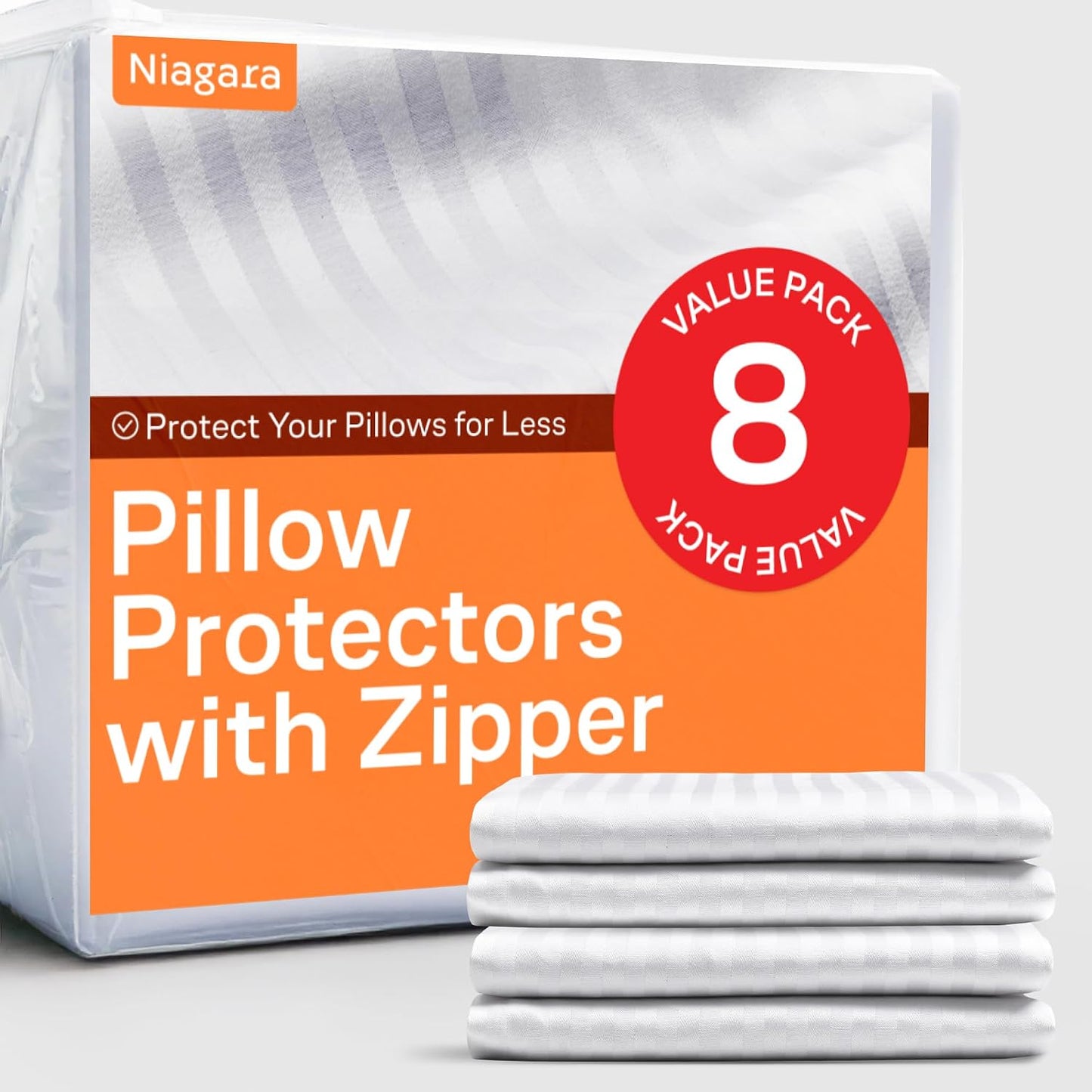 Ultra Soft Pillow Protectors with Zipper Standard Size - Set of 8 Breathable Pillow Covers - 100% Protection Against Stains, Dust & Dirt - Machine Washable (White)