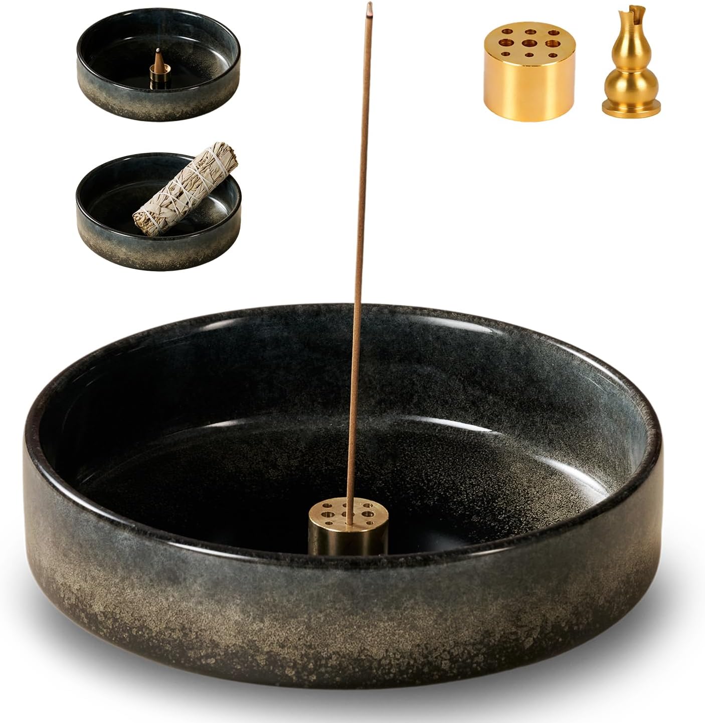 6" Ceramic Incense Holder for Sticks with 10 Holes,5in1 Handmade Flambé Glaze Incense Burner Bowl Ash Catcher for Stick,Coil,Cone,Sage,Palo Santo,Candle - Ideal for Yoga Spa Meditation Home Décor