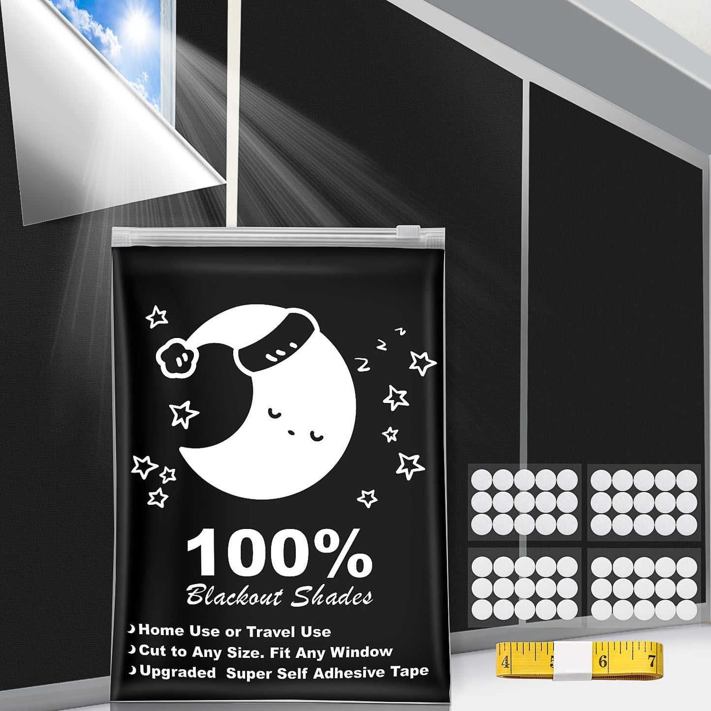 Portable Blackout Curtains (79" x 57"), 100% Portable Blackout Blinds with 15 Pair Hook & Loop Tabs Stick-on, Temporary Shades for Baby/Travelers/Bedroom