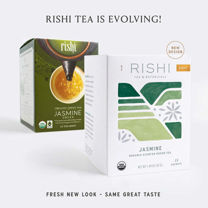 Rishi Tea Jasmine Green Tea, Organic Herbal Tea Bags, 2-Pack - Contains Caffeine, USDA Certified, Floral Aroma & Taste, 15 Sachets in Each, Direct Trade