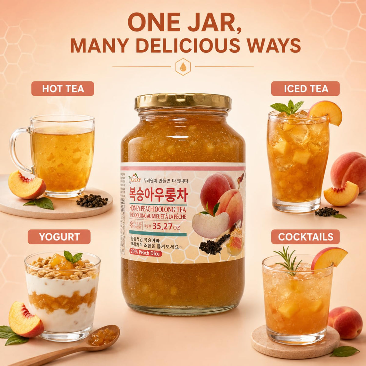Apexy Korean Honey Peach Oolong Tea – Made with Real Fruit, No Artificial Colors – Premium Drink Base, Smoothies, Desserts, Cocktails, Yogurt, Spreads Made in KOREA 35.27oz (1kg). (Peach Oolong Tea)