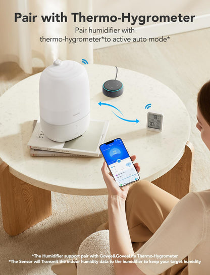 GoveeLife Smart Humidifiers for Bedroom, 3L Top Fill Cool Mist Humidifier, 24dB Quiet Runtime, Humidity Control, WiFi Air Humidifier with Night Light, for Baby, Plants, Home, Work with Alexa