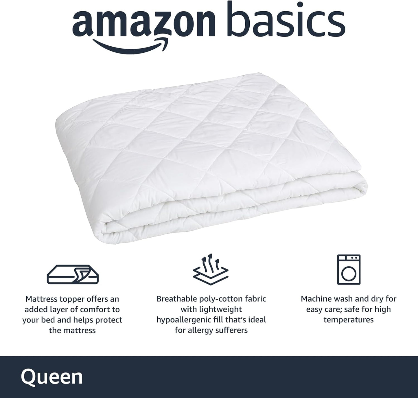 Amazon Basics Hypoallergenic Quilted Breathable Mattress Topper Pad with Protection, 18 Inches Deep, King Size, White