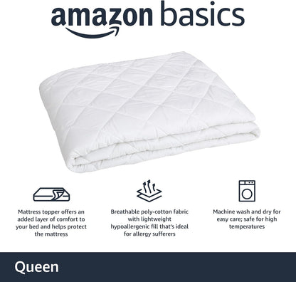Amazon Basics Hypoallergenic Quilted Breathable Mattress Topper Pad with Protection, 18 Inches Deep, King Size, White