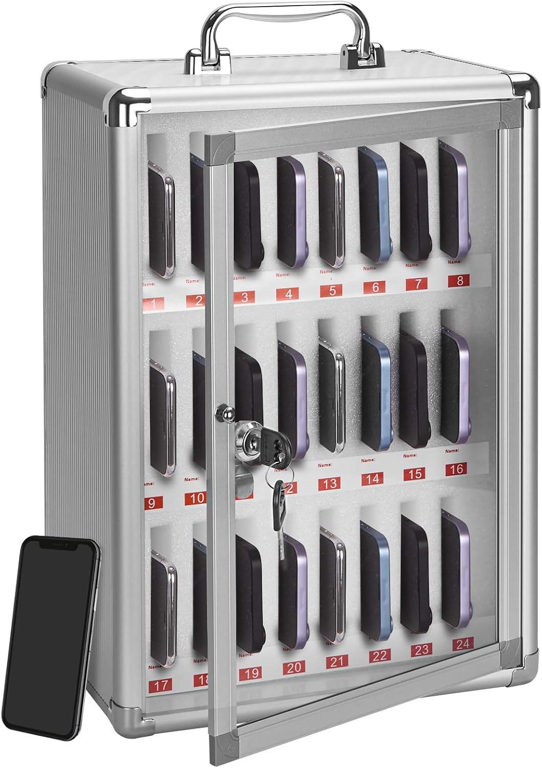 LOCKCURX 24-Slot Cell Phone Locker with Lock & Key, Heavy Duty Aluminum Acrylic Cell Phone Lock Box, Wall Mount Phone Locker Secure, Phone Jail for Classroom Office Retail, Silver
