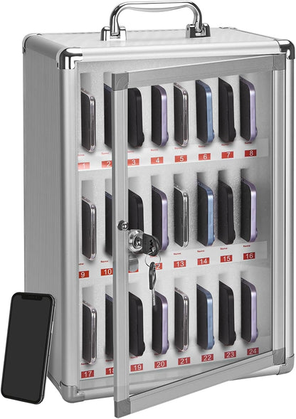 LOCKCURX 24-Slot Cell Phone Locker with Lock & Key, Heavy Duty Aluminum Acrylic Cell Phone Lock Box, Wall Mount Phone Locker Secure, Phone Jail for Classroom Office Retail, Silver