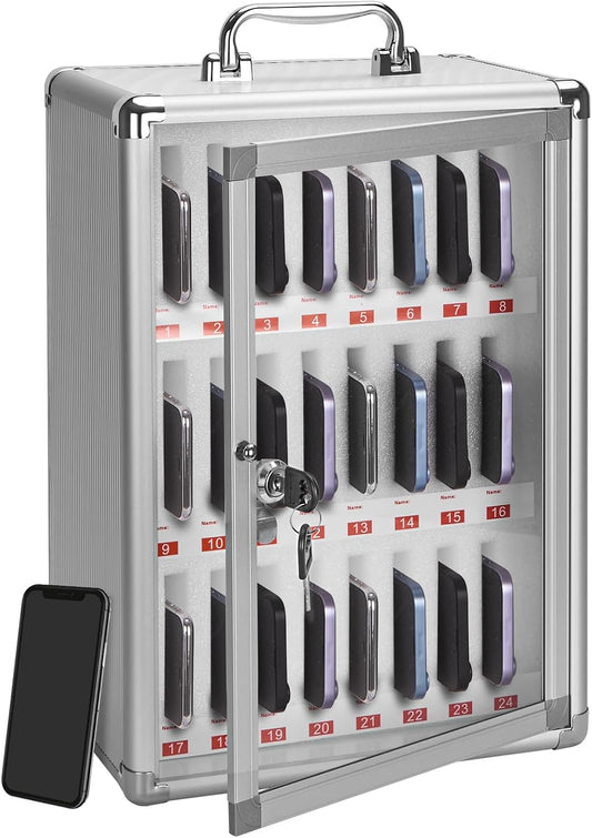 LOCKCURX 24-Slot Cell Phone Locker with Lock & Key, Heavy Duty Aluminum Acrylic Cell Phone Lock Box, Wall Mount Phone Locker Secure, Phone Jail for Classroom Office Retail, Silver