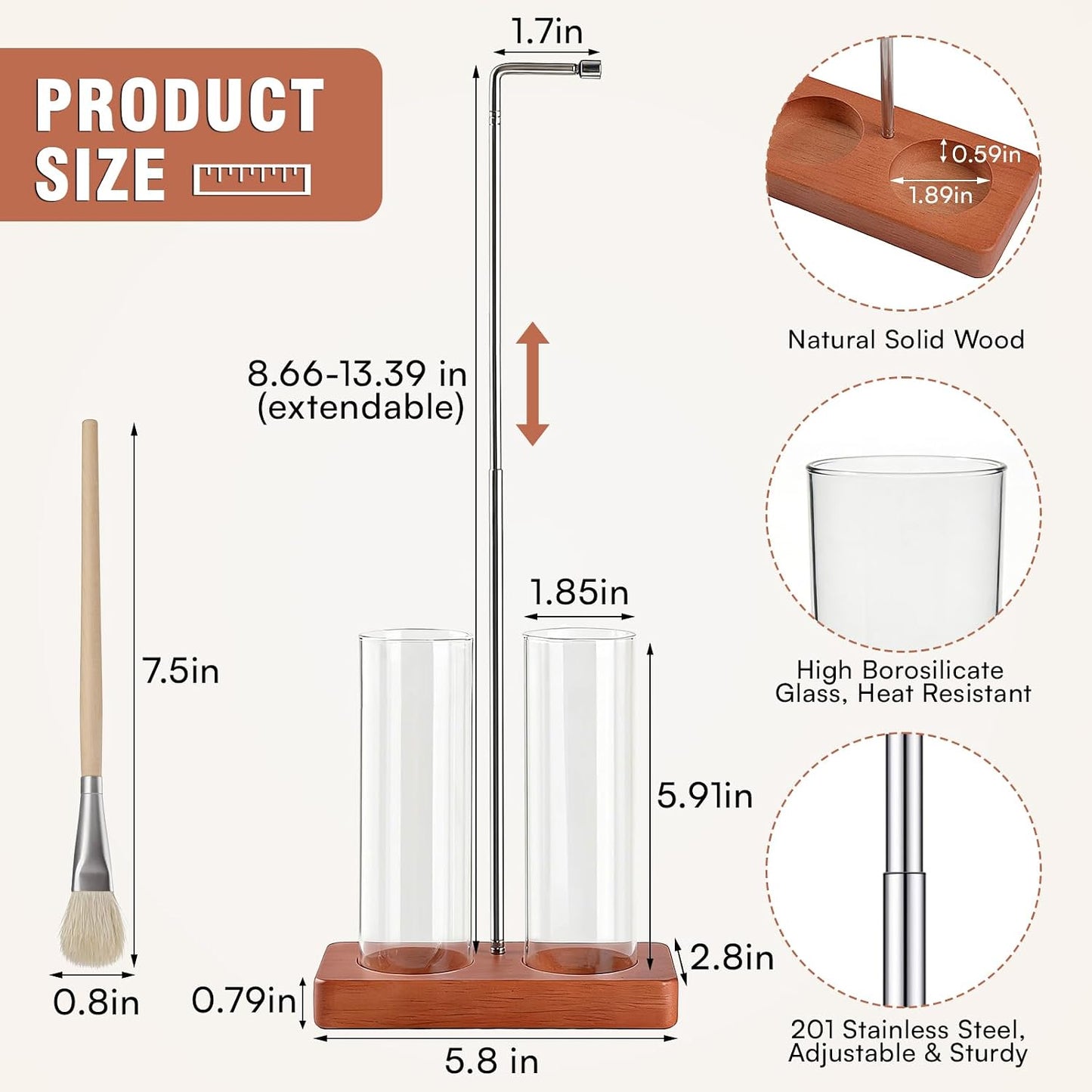 Incense Holder for Sticks, 2 in 1 Incense Sticks Burner with Glass Ash Catcher & Storage, Upside Down Incense Holder with Brush, Anti-Ash for Yoga Meditation Spa Outdoor Patio(Extends 8.7"-13.4")
