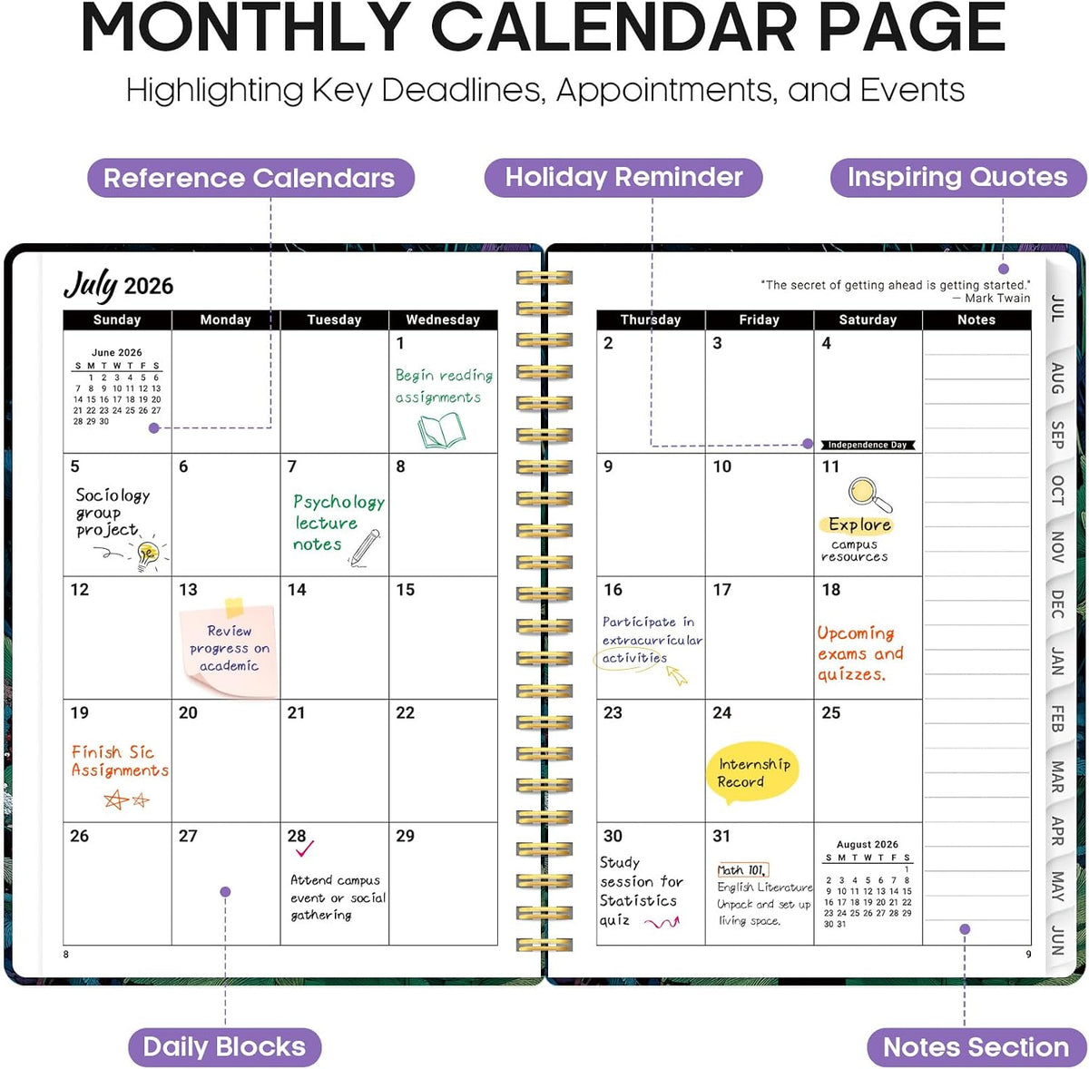 Planner 2026-2027, Jul 2026-Jun 2027 Academic Monthly & Weekly Planner - Colors B