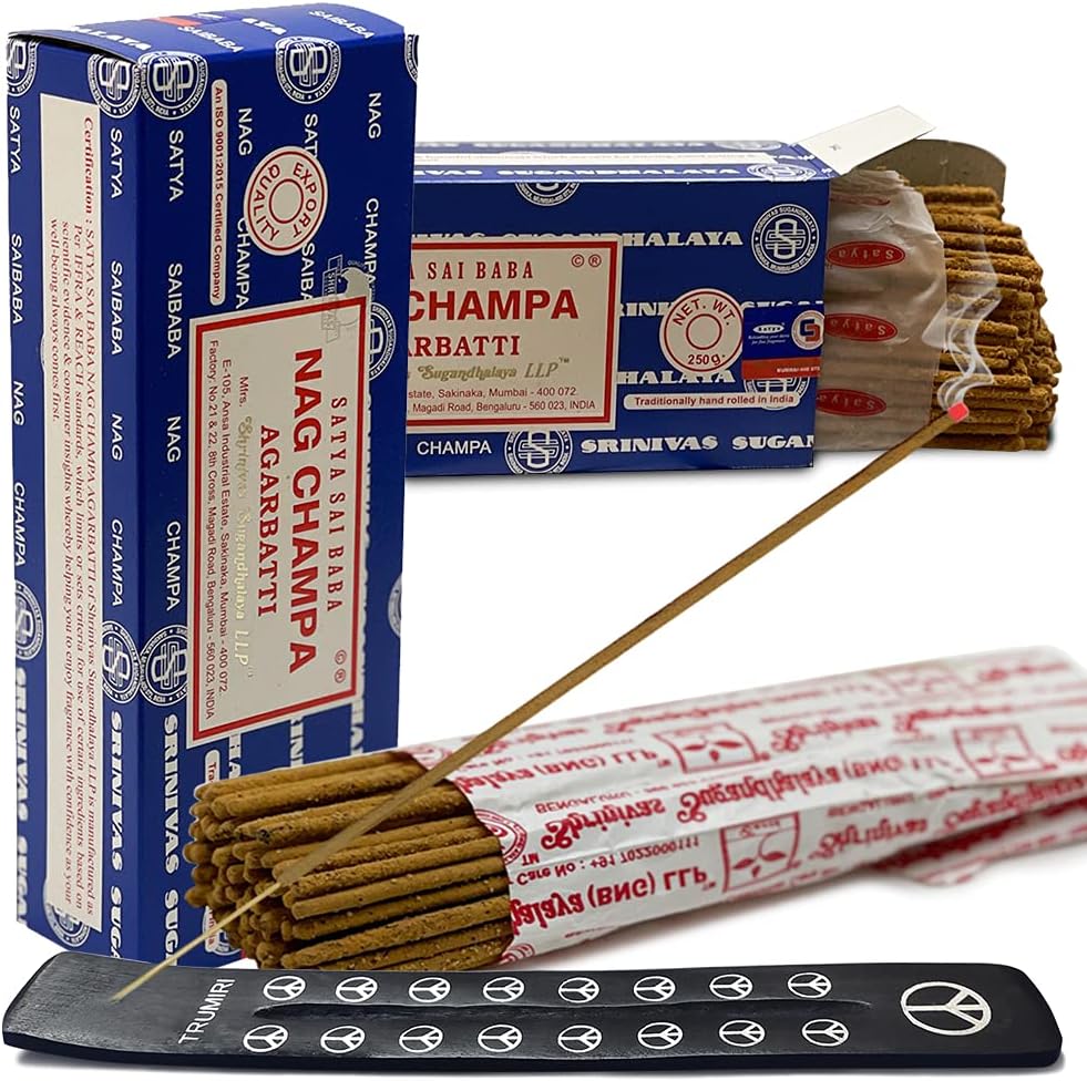 TRUMIRI Incense Stick Holder Bundle with Satya Sai Baba Nagchampa 250g Bulk Incense Sticks Nag Champa Agarbatti - Pack of 1 (Approx 250 Insence-Sticks)