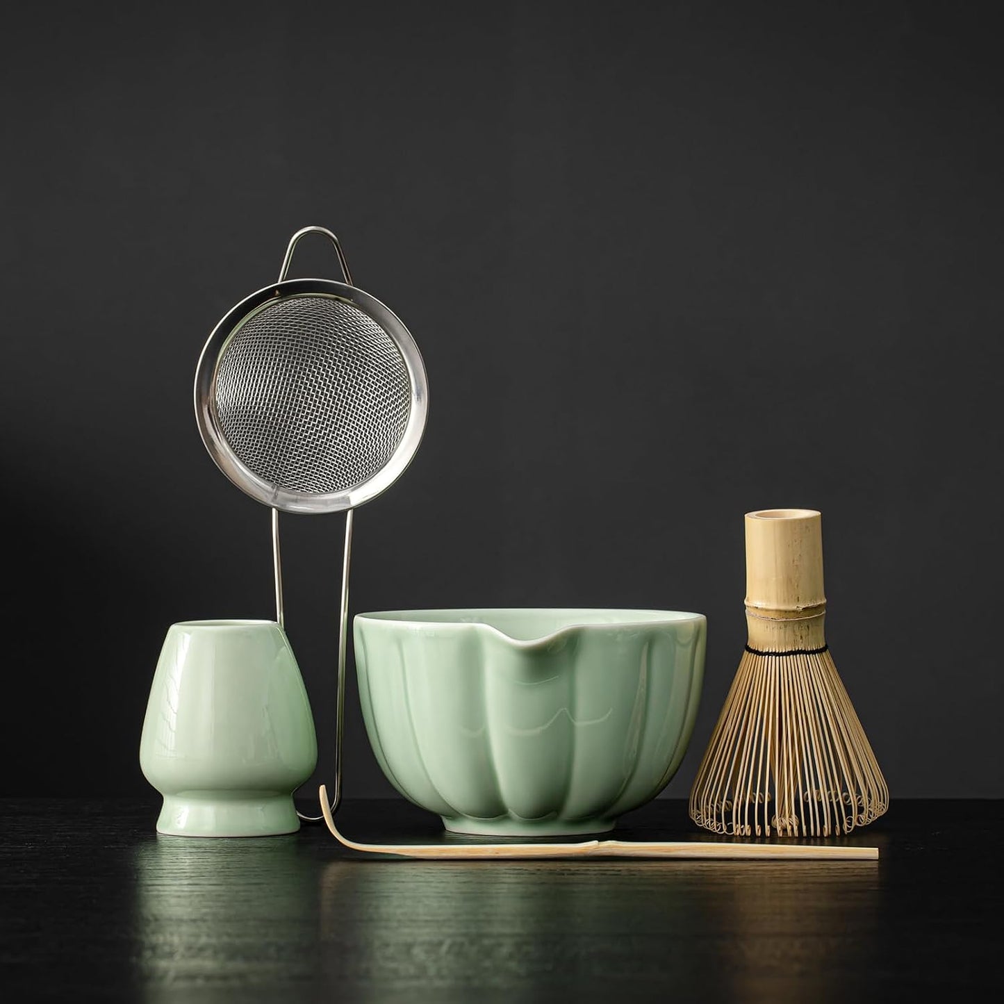 Matcha Whisk Set, Matcha Set Includes Ceramic Matcha Bowl, Bamboo Whisk, Scoop, Chasen Holder, Sifter, 5 Pcs Perfect Matcha Kit for Matcha Lover (Mottled Green)