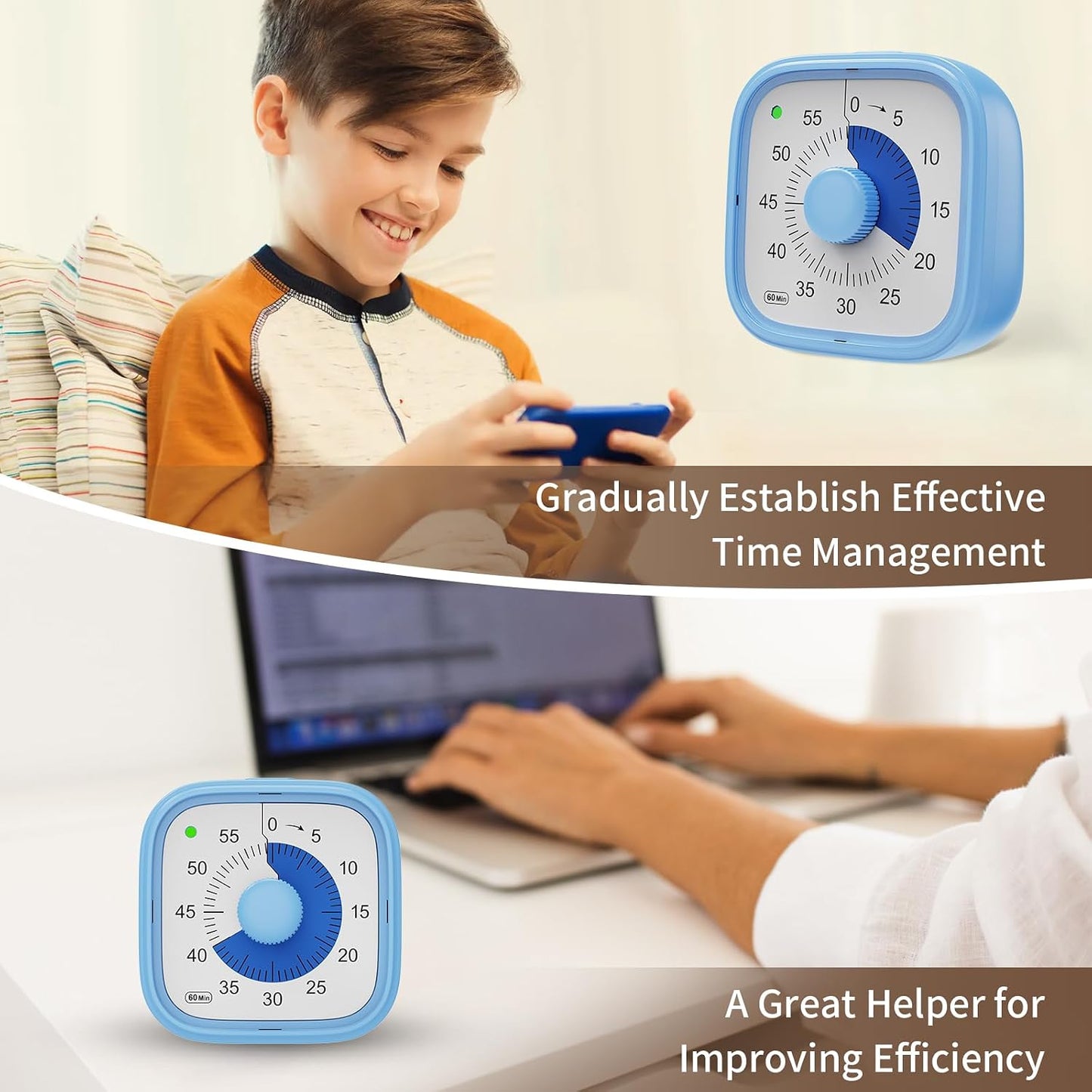 Visual Timer, Pomodoro Timers for Kids Adults, 60-Minute Countdown Desk Timer for Productivity, Silent ADHD Timer for Kids Toddlers, Kitchen for Cooking (Blue)